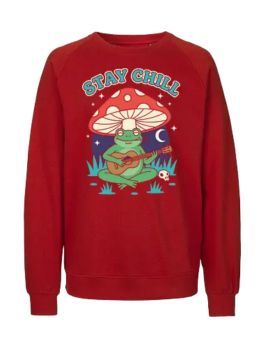 Stay Chill Frog Troubadour - Stay Chill, chill frog, frog playing ukulele, cottagecore, whimsical, retro art, mushroom frog, Amanita Muscaria, nature art, t-shirt design, art print, groovy, cool frog, animal musician, quirky humor - Fairtrade Sweatshirt