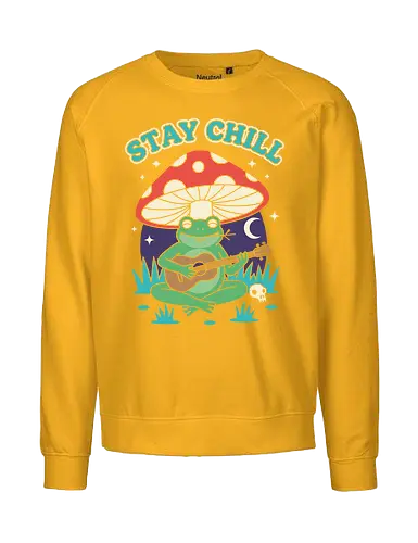 Stay Chill Frog Troubadour - Stay Chill, chill frog, frog playing ukulele, cottagecore, whimsical, retro art, mushroom frog, Amanita Muscaria, nature art, t-shirt design, art print, groovy, cool frog, animal musician, quirky humor - Fairtrade Sweatshirt
