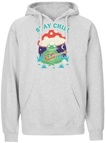 Stay Chill Frog Troubadour - Stay Chill, chill frog, frog playing ukulele, cottagecore, whimsical, retro art, mushroom frog, Amanita Muscaria, nature art, t-shirt design, art print, groovy, cool frog, animal musician, quirky humor - Fairtrade Hoodie