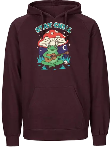 Stay Chill Frog Troubadour - Stay Chill, chill frog, frog playing ukulele, cottagecore, whimsical, retro art, mushroom frog, Amanita Muscaria, nature art, t-shirt design, art print, groovy, cool frog, animal musician, quirky humor - Fairtrade Hoodie