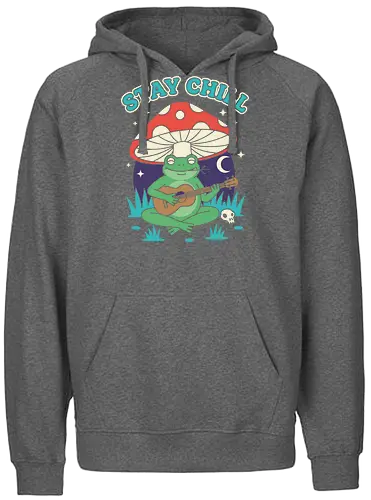 Stay Chill Frog Troubadour - Stay Chill, chill frog, frog playing ukulele, cottagecore, whimsical, retro art, mushroom frog, Amanita Muscaria, nature art, t-shirt design, art print, groovy, cool frog, animal musician, quirky humor - Fairtrade Hoodie