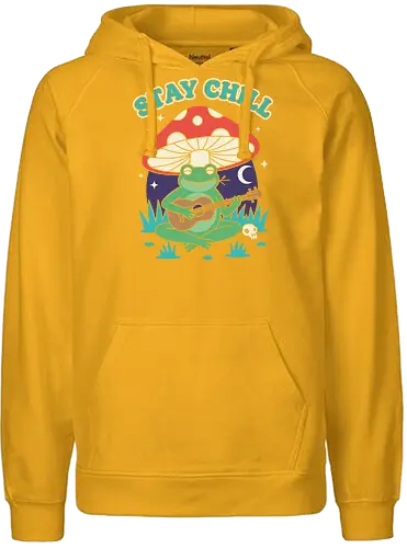 Stay Chill Frog Troubadour - Stay Chill, chill frog, frog playing ukulele, cottagecore, whimsical, retro art, mushroom frog, Amanita Muscaria, nature art, t-shirt design, art print, groovy, cool frog, animal musician, quirky humor - Fairtrade Hoodie