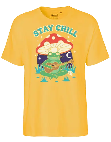 Stay Chill Frog Troubadour - Stay Chill, chill frog, frog playing ukulele, cottagecore, whimsical, retro art, mushroom frog, Amanita Muscaria, nature art, t-shirt design, art print, groovy, cool frog, animal musician, quirky humor - Fairtrade T-Shirt