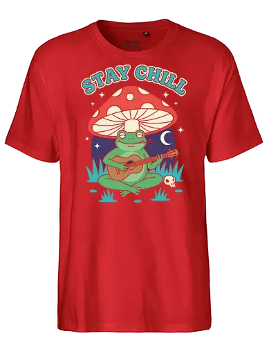 Stay Chill Frog Troubadour - Stay Chill, chill frog, frog playing ukulele, cottagecore, whimsical, retro art, mushroom frog, Amanita Muscaria, nature art, t-shirt design, art print, groovy, cool frog, animal musician, quirky humor - Fairtrade T-Shirt