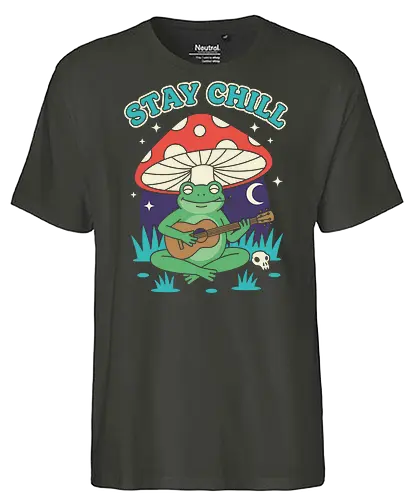 Stay Chill Frog Troubadour - Stay Chill, chill frog, frog playing ukulele, cottagecore, whimsical, retro art, mushroom frog, Amanita Muscaria, nature art, t-shirt design, art print, groovy, cool frog, animal musician, quirky humor - Fairtrade T-Shirt