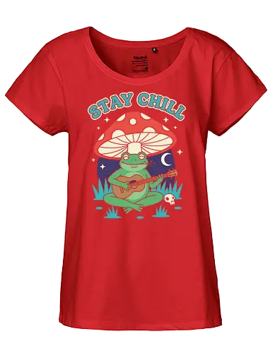 Stay Chill Frog Troubadour - Stay Chill, chill frog, frog playing ukulele, cottagecore, whimsical, retro art, mushroom frog, Amanita Muscaria, nature art, t-shirt design, art print, groovy, cool frog, animal musician, quirky humor - Fairtrade Girl Shirt