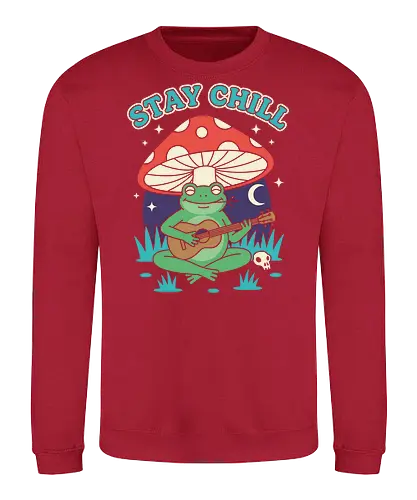 Stay Chill Frog Troubadour - Stay Chill, chill frog, frog playing ukulele, cottagecore, whimsical, retro art, mushroom frog, Amanita Muscaria, nature art, t-shirt design, art print, groovy, cool frog, animal musician, quirky humor - Sweatshirt