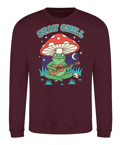 Stay Chill Frog Troubadour - Stay Chill, chill frog, frog playing ukulele, cottagecore, whimsical, retro art, mushroom frog, Amanita Muscaria, nature art, t-shirt design, art print, groovy, cool frog, animal musician, quirky humor - Sweatshirt