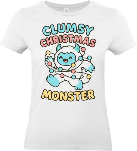  Clumsy Christmas Monster - Clumsy Christmas Monster, Yeti, abominable snowman, funny Christmas, cute monster, holiday humor, Christmas lights, tangled, whimsical, pastel, t-shirt design, art print, festive humor, cute yeti. - Standard T-Shirt (Women)