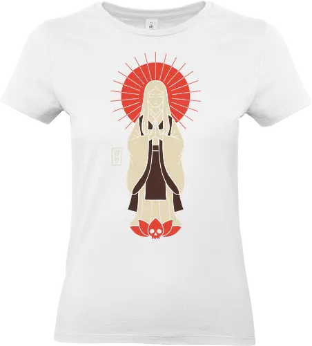 Zen Goddess of Mercy - Zen goddess, Bodhisattva, Kannon, Guanyin, Japanese art, minimalist, spiritual art, red sun, lotus, skull, macabre, aesthetic graphic, t-shirt design, art print, Asian mythology, meditating figure - Standard T-Shirt (Women)