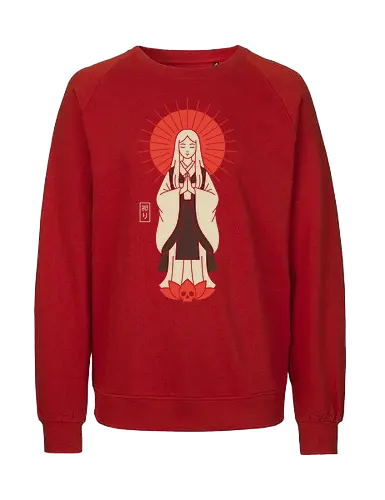 Zen Goddess of Mercy - Zen goddess, Bodhisattva, Kannon, Guanyin, Japanese art, minimalist, spiritual art, red sun, lotus, skull, macabre, aesthetic graphic, t-shirt design, art print, Asian mythology, meditating figure - Fairtrade Sweatshirt
