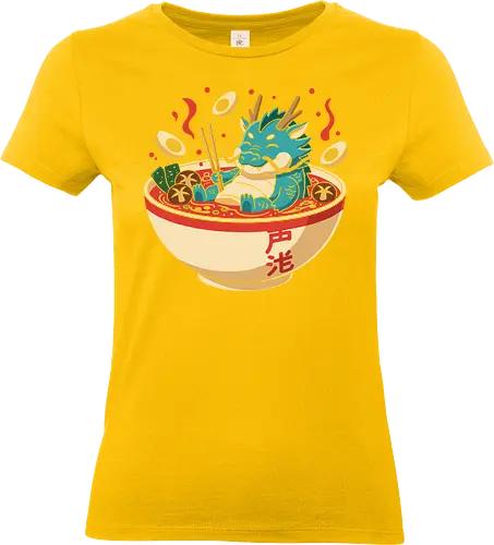 Cozy Dragon Ramen Bath - Ramen dragon, cute dragon, dragon in ramen, funny food, Asian dragon, whimsical, kawaii, food art, Japanese food, t-shirt design, art print, minimalist, quirky humor, foodie gift, anime fan gift - Standard T-Shirt (Women)