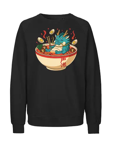 Cozy Dragon Ramen Bath - Ramen dragon, cute dragon, dragon in ramen, funny food, Asian dragon, whimsical, kawaii, food art, Japanese food, t-shirt design, art print, minimalist, quirky humor, foodie gift, anime fan gift - Fairtrade Sweatshirt