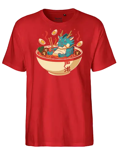 Cozy Dragon Ramen Bath - Ramen dragon, cute dragon, dragon in ramen, funny food, Asian dragon, whimsical, kawaii, food art, Japanese food, t-shirt design, art print, minimalist, quirky humor, foodie gift, anime fan gift - Fairtrade T-Shirt