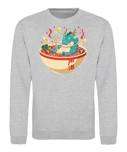 Cozy Dragon Ramen Bath - Ramen dragon, cute dragon, dragon in ramen, funny food, Asian dragon, whimsical, kawaii, food art, Japanese food, t-shirt design, art print, minimalist, quirky humor, foodie gift, anime fan gift - Sweatshirt