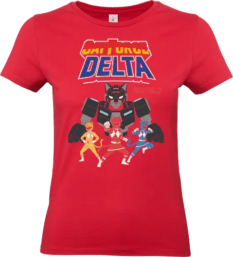 Cat Force Delta: Feline Megazord - Cat Force Delta, Power Rangers parody, cat mecha, feline megazord, funny cat, sci-fi, mecha anime, nostalgic cartoon, fan art, t-shirt design, art print, geek humor, pop culture mashup, cat lover - Standard T-Shirt (Women)