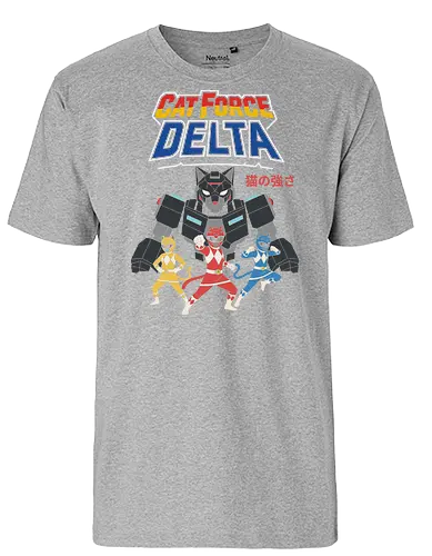 Cat Force Delta: Feline Megazord - Cat Force Delta, Power Rangers parody, cat mecha, feline megazord, funny cat, sci-fi, mecha anime, nostalgic cartoon, fan art, t-shirt design, art print, geek humor, pop culture mashup, cat lover - Fairtrade T-Shirt