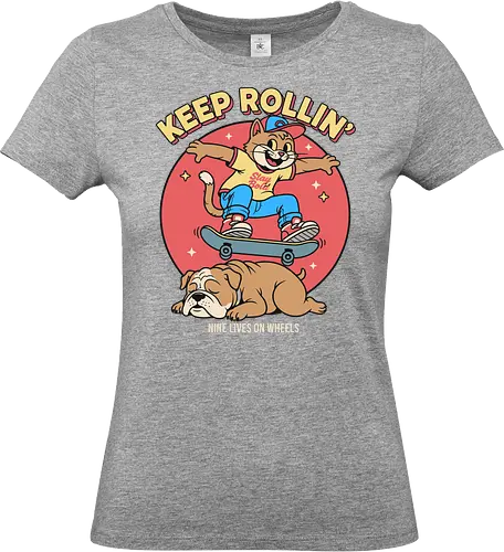 Keep Rollin': Nine Lives on Wheels - Skateboard cat, Keep Rollin', funny cat, retro skateboarding, bulldog, nine lives, cartoon graphic, skate culture, nostalgic, t-shirt design, art print, cool cat, skater gift, animal humor, 90s aesthetic - Standard T-Shirt (Women)