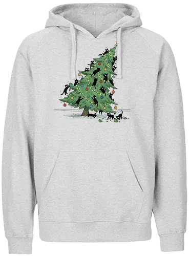 Christmas Tree Cat-astrophe - Christmas cat, cat-astrophe, black cat, funny Christmas, destroying tree, holiday humor, chaotic cats, cat lover gift, t-shirt design, art print, festive animal, Christmas ornaments, cat mom, mischievous - Fairtrade Hoodie