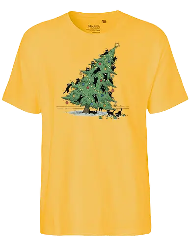 Christmas Tree Cat-astrophe - Christmas cat, cat-astrophe, black cat, funny Christmas, destroying tree, holiday humor, chaotic cats, cat lover gift, t-shirt design, art print, festive animal, Christmas ornaments, cat mom, mischievous - Fairtrade T-Shirt
