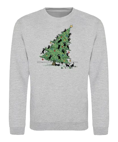 Christmas Tree Cat-astrophe - Christmas cat, cat-astrophe, black cat, funny Christmas, destroying tree, holiday humor, chaotic cats, cat lover gift, t-shirt design, art print, festive animal, Christmas ornaments, cat mom, mischievous - Sweatshirt