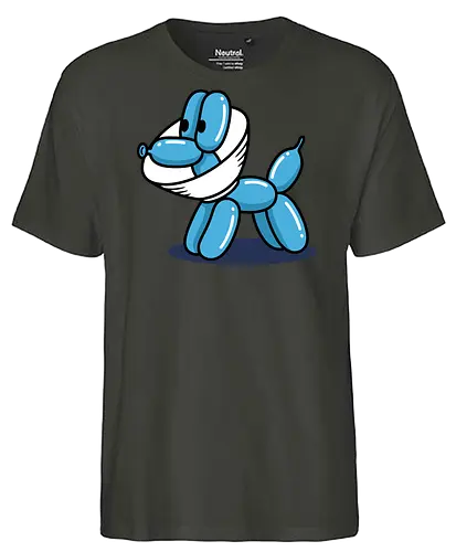 Safety Balloon Dog - Balloon dog, face mask, funny dog, pandemic art, safety humor, minimalist, balloon animal, quirky art, pop culture, t-shirt design, art print, cool graphic, modern humor, blue dog - Fairtrade T-Shirt