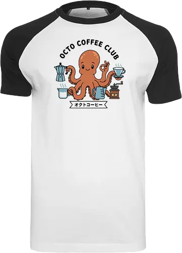  Octo Coffee Club - Octo Coffee Club, funny octopus, coffee lover, octopus barista, unique coffee art, minimalist, cute animal, Moka pot, coffee grinder, t-shirt design, art print, quirky humor, foodie, sea creature - Raglan T-Shirt