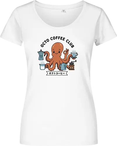  Octo Coffee Club - Octo Coffee Club, funny octopus, coffee lover, octopus barista, unique coffee art, minimalist, cute animal, Moka pot, coffee grinder, t-shirt design, art print, quirky humor, foodie, sea creature - Women T-Shirt