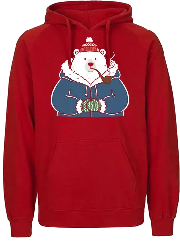 Polar Bear's Winter Smoke - Polar bear, winter bear, pipe smoker, cozy, cute animal, winter graphic, parka, mittens, charming, whimsical, t-shirt design, art print, minimalist winter, arctic, cool bear, holiday gift. - Fairtrade Hoodie
