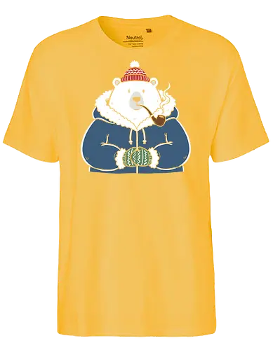 Polar Bear's Winter Smoke - Polar bear, winter bear, pipe smoker, cozy, cute animal, winter graphic, parka, mittens, charming, whimsical, t-shirt design, art print, minimalist winter, arctic, cool bear, holiday gift. - Fairtrade T-Shirt