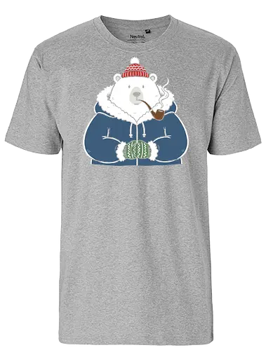 Polar Bear's Winter Smoke - Polar bear, winter bear, pipe smoker, cozy, cute animal, winter graphic, parka, mittens, charming, whimsical, t-shirt design, art print, minimalist winter, arctic, cool bear, holiday gift. - Fairtrade T-Shirt