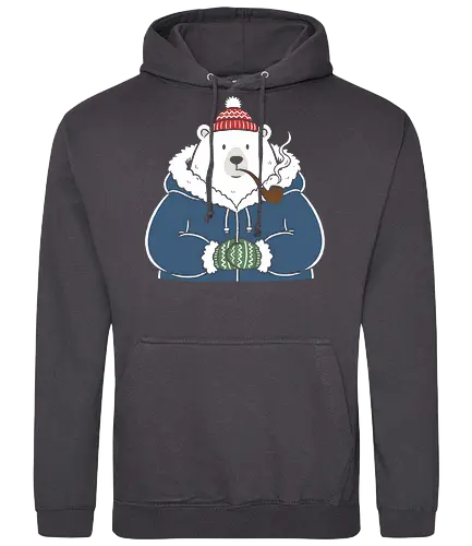 Polar Bear's Winter Smoke - Polar bear, winter bear, pipe smoker, cozy, cute animal, winter graphic, parka, mittens, charming, whimsical, t-shirt design, art print, minimalist winter, arctic, cool bear, holiday gift. - Standard Hoodie