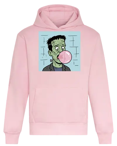  Chewing Gum Frankie - Frankenstein bubblegum, Frankenstein's monster, funny horror, spooky humor, classic monster, Halloween, bubble gum, quirky art, pop culture, t-shirt design, art print, monster cartoon, gothic humor, Universal monsters. - Heavyweight Hoodie
