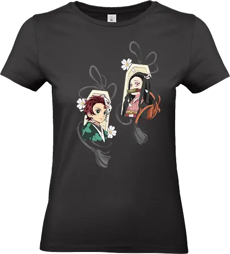Kamado Siblings Omamori Charms - Tanjiro Kamado, Nezuko Kamado, Slayer, Kimetsu no Yaiba, Omamori, Japanese charm, anime, manga, fan art, t-shirt design, art print, cute anime, sibling bond, geek art, lucky charm, aesthetic - Standard T-Shirt (Women)