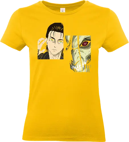 Eren Yeager: Man vs. Monster - Eren Yeager, Attack Titan, Attack, AOT, Shingeki no Kyojin, anime, manga, fan art, t-shirt design, art print, transformation, dual nature, cool anime art, geek art, iconic, minimalist. - Standard T-Shirt (Women)