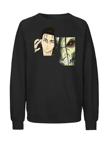 Eren Yeager: Man vs. Monster - Eren Yeager, Attack Titan, Attack, AOT, Shingeki no Kyojin, anime, manga, fan art, t-shirt design, art print, transformation, dual nature, cool anime art, geek art, iconic, minimalist. - Fairtrade Sweatshirt