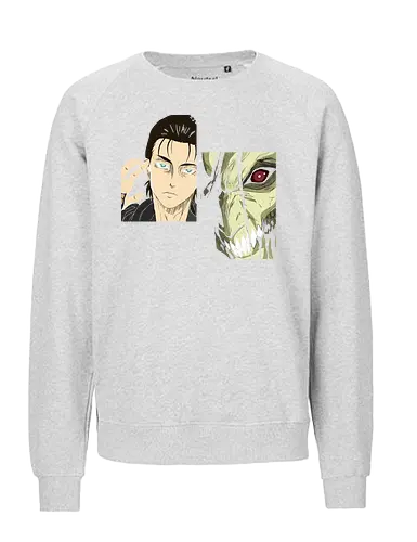 Eren Yeager: Man vs. Monster - Eren Yeager, Attack Titan, Attack, AOT, Shingeki no Kyojin, anime, manga, fan art, t-shirt design, art print, transformation, dual nature, cool anime art, geek art, iconic, minimalist. - Fairtrade Sweatshirt