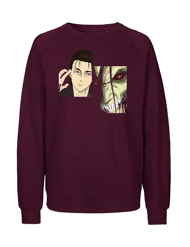 Eren Yeager: Man vs. Monster - Eren Yeager, Attack Titan, Attack, AOT, Shingeki no Kyojin, anime, manga, fan art, t-shirt design, art print, transformation, dual nature, cool anime art, geek art, iconic, minimalist. - Fairtrade Sweatshirt