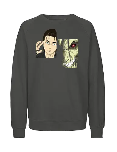 Eren Yeager: Man vs. Monster - Eren Yeager, Attack Titan, Attack, AOT, Shingeki no Kyojin, anime, manga, fan art, t-shirt design, art print, transformation, dual nature, cool anime art, geek art, iconic, minimalist. - Fairtrade Sweatshirt