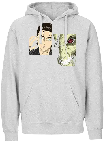 Eren Yeager: Man vs. Monster - Eren Yeager, Attack Titan, Attack, AOT, Shingeki no Kyojin, anime, manga, fan art, t-shirt design, art print, transformation, dual nature, cool anime art, geek art, iconic, minimalist. - Fairtrade Hoodie