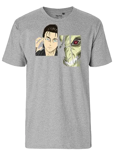 Eren Yeager: Man vs. Monster - Eren Yeager, Attack Titan, Attack, AOT, Shingeki no Kyojin, anime, manga, fan art, t-shirt design, art print, transformation, dual nature, cool anime art, geek art, iconic, minimalist. - Fairtrade T-Shirt