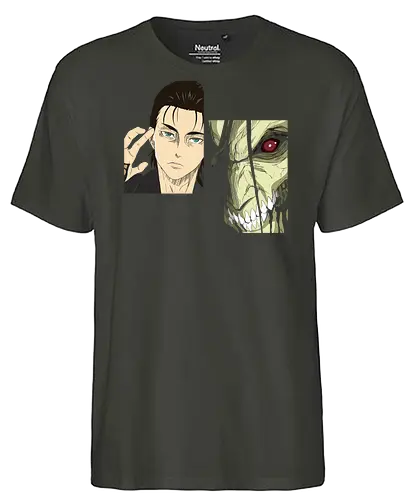 Eren Yeager: Man vs. Monster - Eren Yeager, Attack Titan, Attack, AOT, Shingeki no Kyojin, anime, manga, fan art, t-shirt design, art print, transformation, dual nature, cool anime art, geek art, iconic, minimalist. - Fairtrade T-Shirt