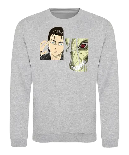Eren Yeager: Man vs. Monster - Eren Yeager, Attack Titan, Attack, AOT, Shingeki no Kyojin, anime, manga, fan art, t-shirt design, art print, transformation, dual nature, cool anime art, geek art, iconic, minimalist. - Sweatshirt
