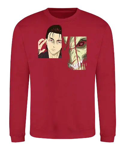 Eren Yeager: Man vs. Monster - Eren Yeager, Attack Titan, Attack, AOT, Shingeki no Kyojin, anime, manga, fan art, t-shirt design, art print, transformation, dual nature, cool anime art, geek art, iconic, minimalist. - Sweatshirt