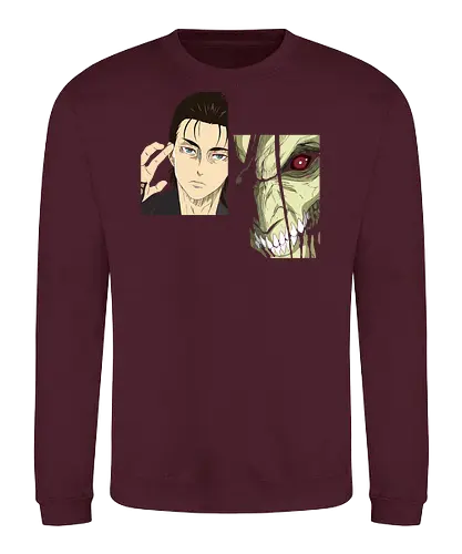 Eren Yeager: Man vs. Monster - Eren Yeager, Attack Titan, Attack, AOT, Shingeki no Kyojin, anime, manga, fan art, t-shirt design, art print, transformation, dual nature, cool anime art, geek art, iconic, minimalist. - Sweatshirt