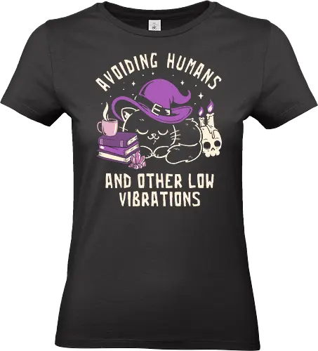 Avoiding Humans and Other Low Vibrations - koalatees, koala, witch, introvert, black cat, cat lover, candle, skull, crystals, witchcore, antisocial club, spell, magic - Standard T-Shirt (Women)