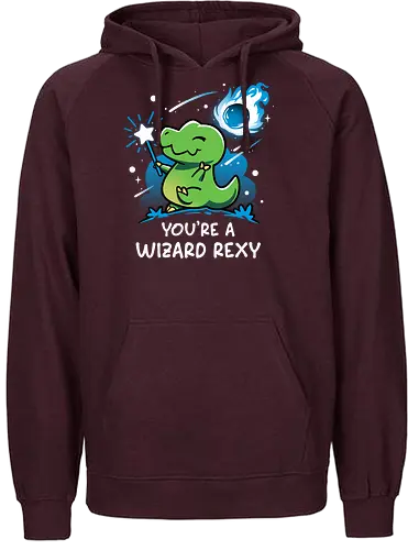 Rexy Is A Wizard - adorable, cute dino, dinosaur, fantasy, funny, humor, jurassic, kawaii, magical, meteor shower, prehistoric, t rex, tyrannosaurus, wizard - Fairtrade Hoodie