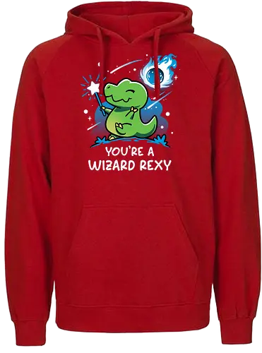 Rexy Is A Wizard - adorable, cute dino, dinosaur, fantasy, funny, humor, jurassic, kawaii, magical, meteor shower, prehistoric, t rex, tyrannosaurus, wizard - Fairtrade Hoodie