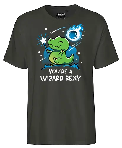 Rexy Is A Wizard - adorable, cute dino, dinosaur, fantasy, funny, humor, jurassic, kawaii, magical, meteor shower, prehistoric, t rex, tyrannosaurus, wizard - Fairtrade T-Shirt