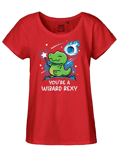 Rexy Is A Wizard - adorable, cute dino, dinosaur, fantasy, funny, humor, jurassic, kawaii, magical, meteor shower, prehistoric, t rex, tyrannosaurus, wizard - Fairtrade Girl Shirt